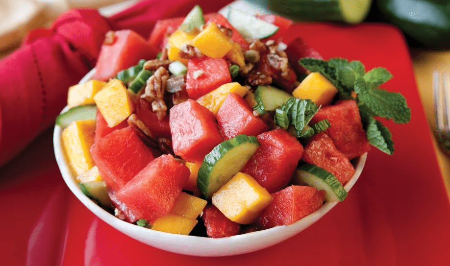 Salad with Minty Watermelon, Cucumber, and Mango